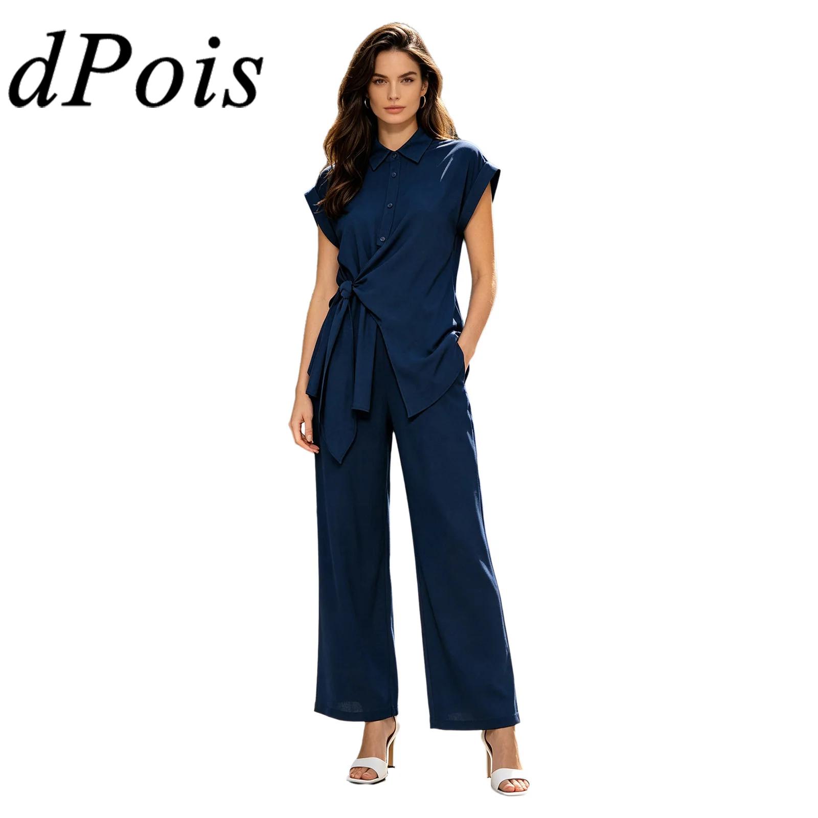 Women Formal Blouses For Evening Wear - ชุดเสื้อผ้าผู้หญิงสไตล์ลำลอง 2 ชิ้น เสื้อเบลาส์แขนสั้นคอปกพร้อมเข็มขัด และกางเกงขากว้างเอวยางยืด สำหรับใส่ทำงานออฟฟิศและใส่ในชีวิตประจำวัน
