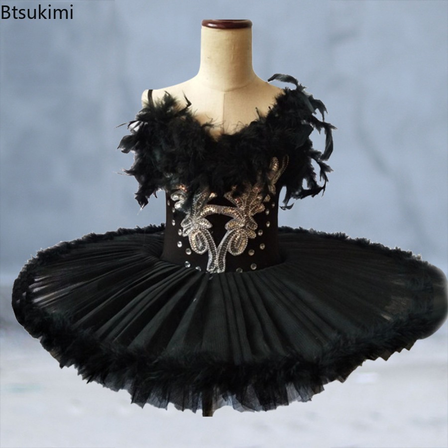 Shift Dress Sleeveless - ชุดบัลเลต์มืออาชีพแบบแพนเค้กสำหรับเด็ก สีดำขาว ชุดบัลเลต์ Swan Lake สำหรับเด็กผู้หญิง