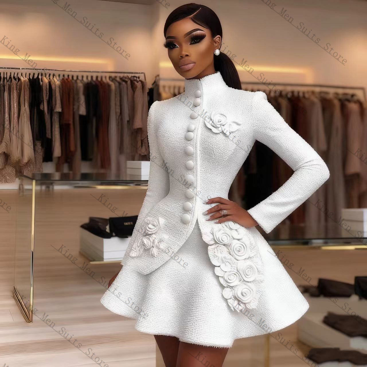 Women'S Formal Wear For Wedding Guest - ชุดสูทผู้หญิงสีขาวหรูหรา 2 ชิ้น เสื้อเบลเซอร์+เดรสสั้นทรงมินิ ประดับดอกไม้ 3