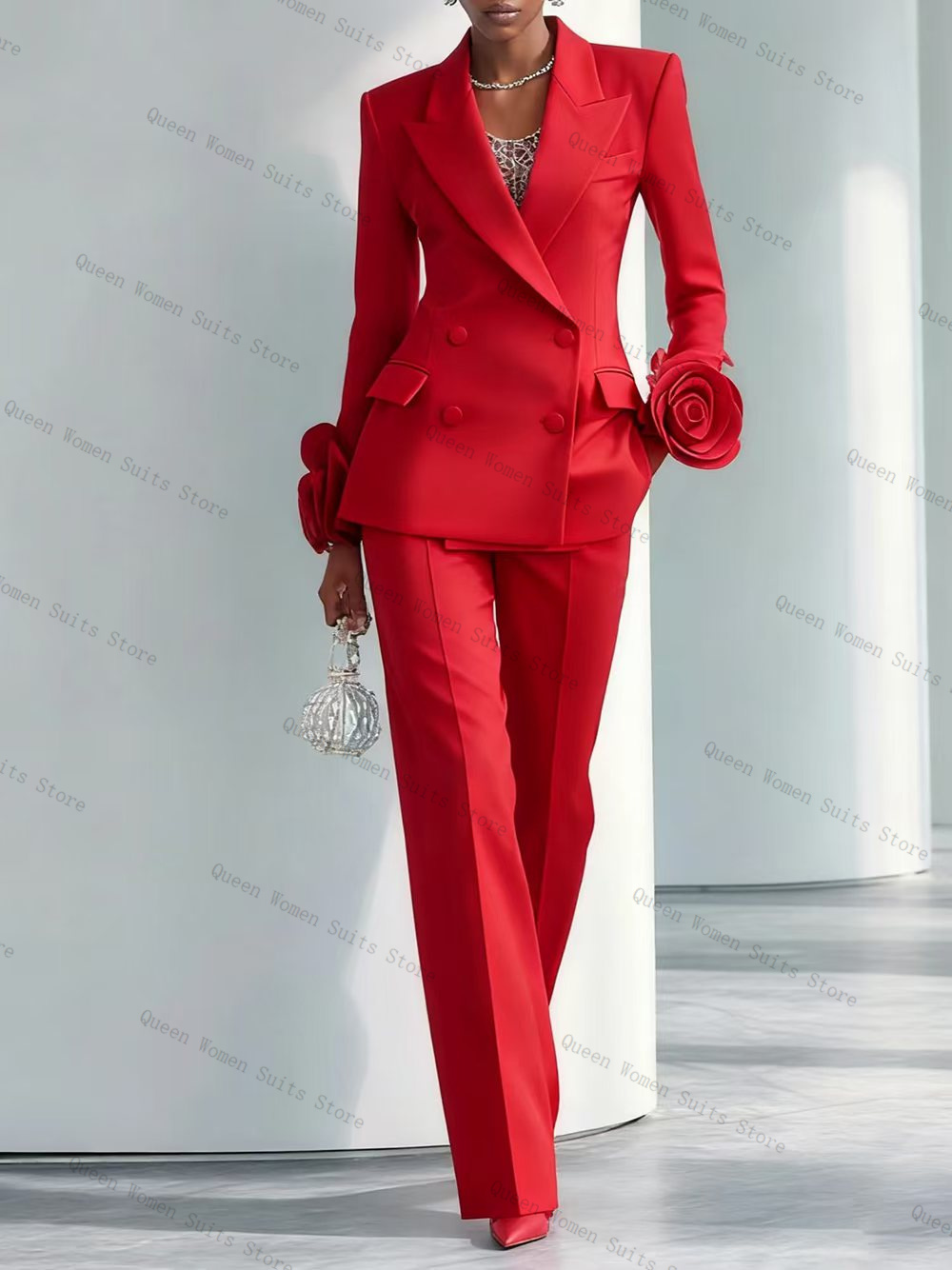 Women'S Formal Wear For Wedding Guest - ชุดสูทผู้หญิงสีแดงสุดหรู 2 ชิ้น เสื้อเบลเซอร์+กางเกงขายาว ลายดอกไม้ 3
