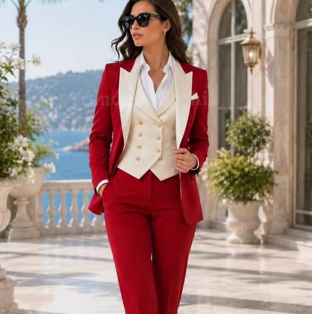 Blazer Set Women Formal - ชุดสูทผู้หญิงสีงาช้างและสีแดงสำหรับงานทางการ งานแต่งงาน งานพรอม ชุดทักซิโด้สำหรับคุณแม่และลูกสาว ชุด 3