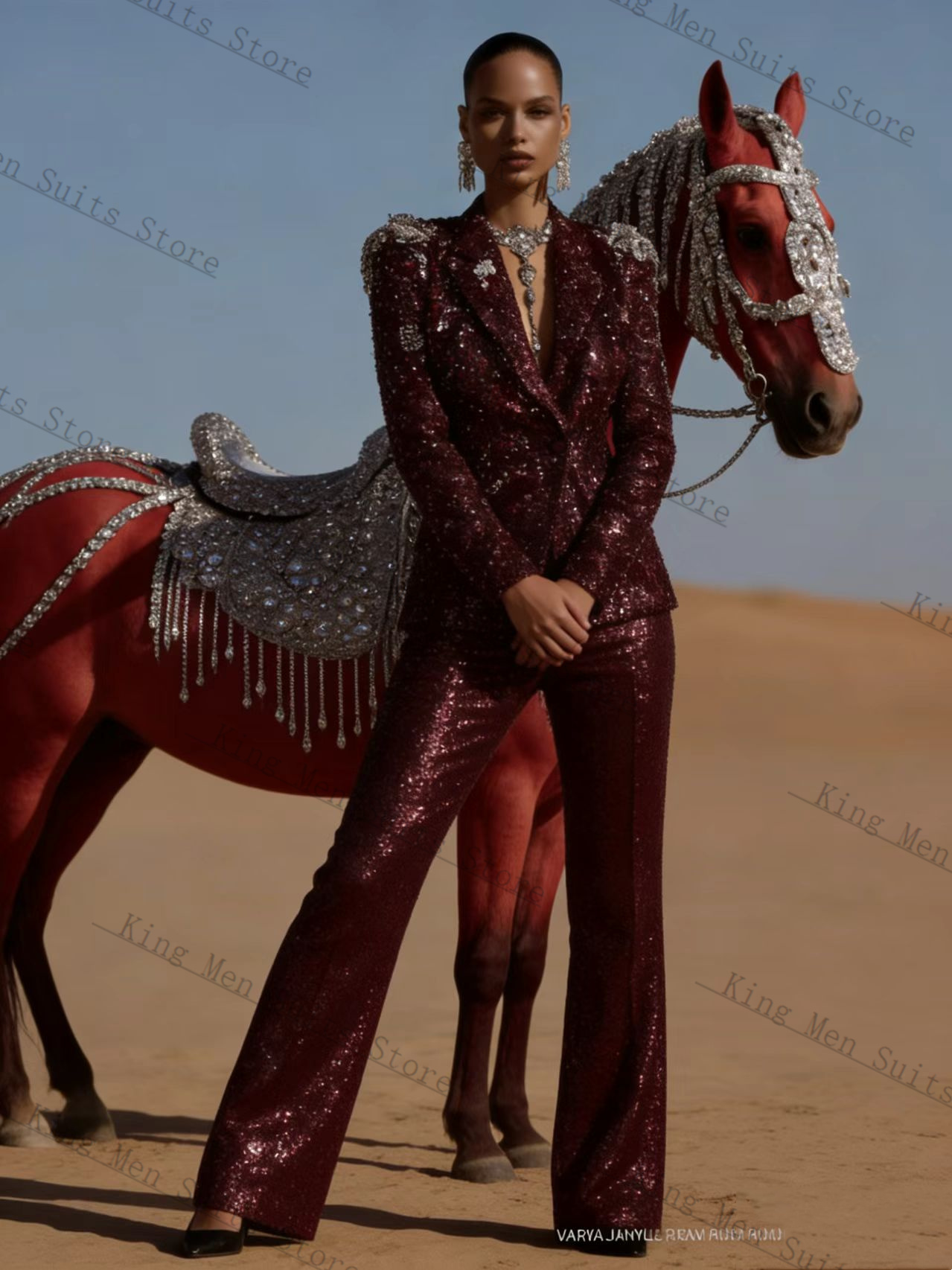 Women'S Formal Wear For Wedding Guest - ชุดสูทผู้หญิงสีแดงเบอร์กันดีแบบมันเงา 2 ชิ้น เสื้อสูท+กางเกงขายาว หรูหรา สำหรับฤดูใบไม้ผลิ