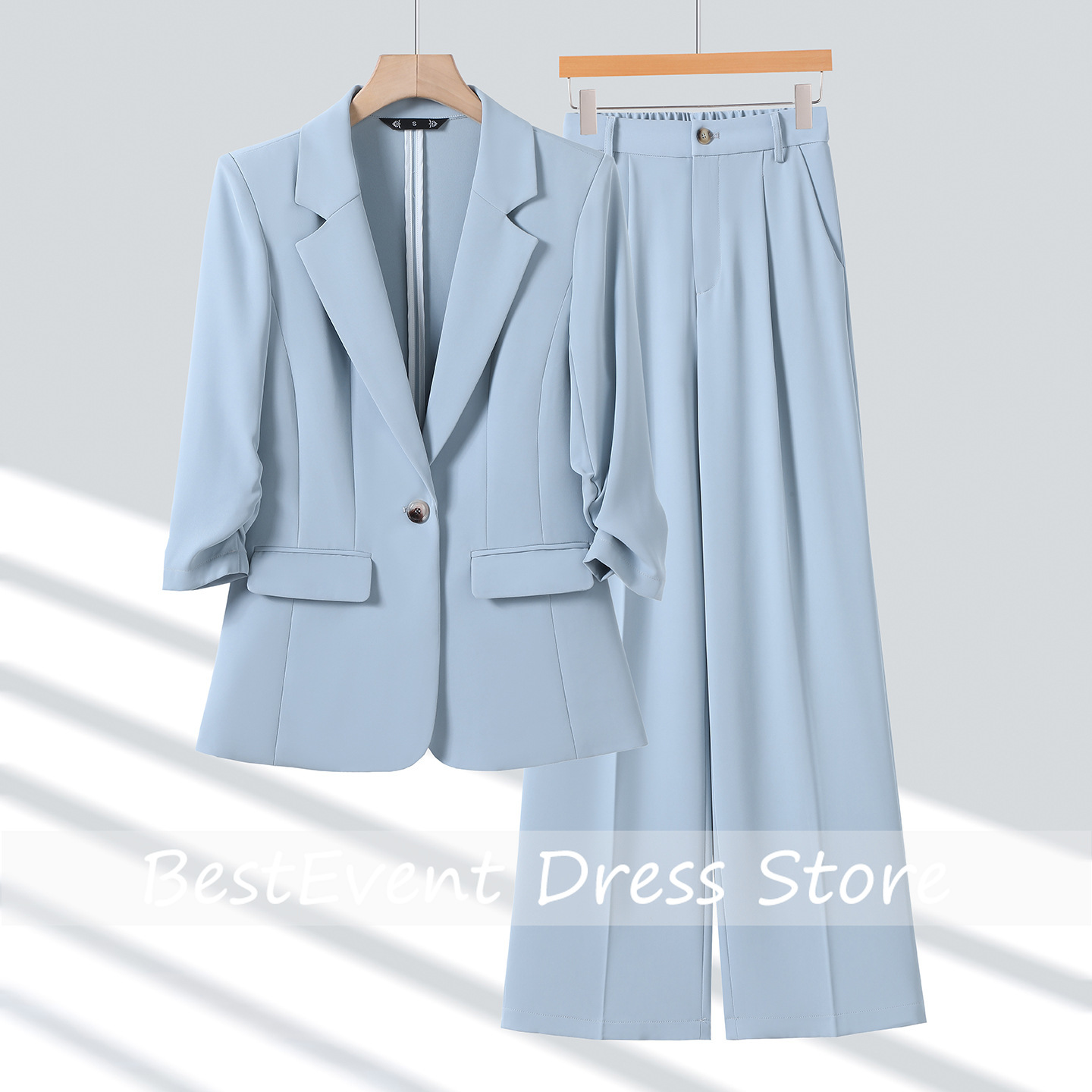 Blazer Set Women Formal - เสื้อสูทผู้หญิงสีฟ้าอ่อน สไตล์ลำลอง รุ่นใหม่ ดีไซน์หรูหรา โดดเด่น ผลิตจากโพลีเอสเตอร์