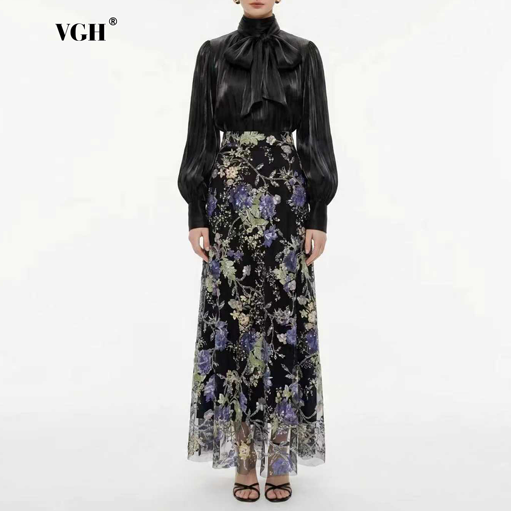 Women Formal Blouses For Evening Wear - VGH ชุดสองชิ้นลายดอกไม้สีดำหรูหราสำหรับผู้หญิงเสื้อแขนยาวคอผ้าพันคอชุดกระโปรงแม็กซี่เอวสูงสำหรับชุดลำลอง