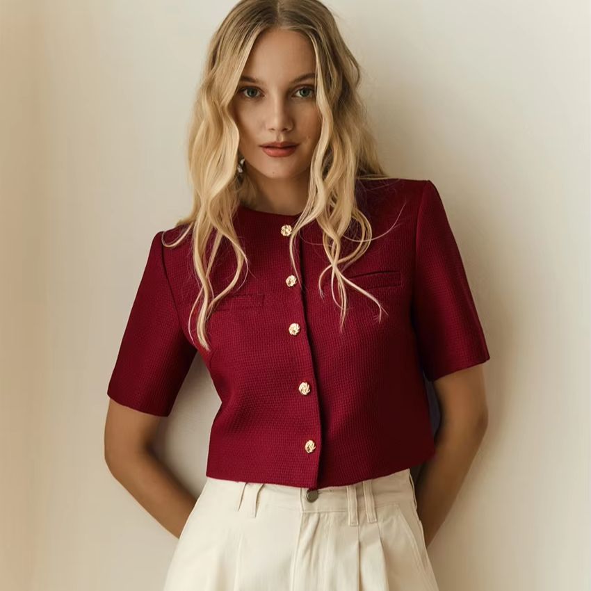 Women Formal Blouses For Evening Wear - WXOY เสื้อครอปผ้าทวีดสไตล์วินเทจสำหรับผู้หญิง เสื้อแขนสั้นติดกระดุม เสื้อแจ็คเก็ตสุดชิค สง่างาม ใส่ได้ทุกวันในเมือง