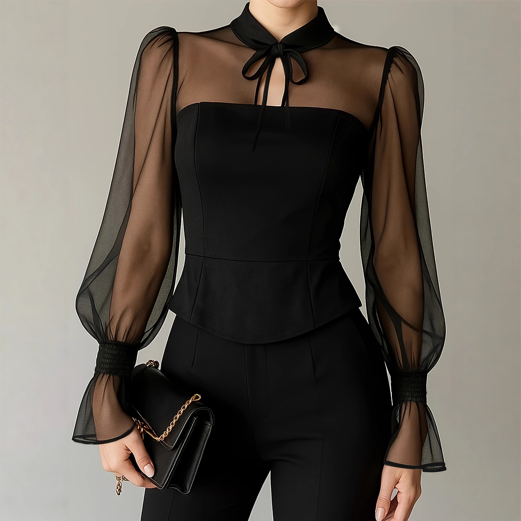 Women Formal Blouses For Evening Wear - เสื้อเบลาส์แขนพองทรงสวยสำหรับผู้หญิง แฟชั่นฤดูใบไม้ผลิ 2026 คอผูก ดีไซน์ลำลอง ใส่ทำงานได้
