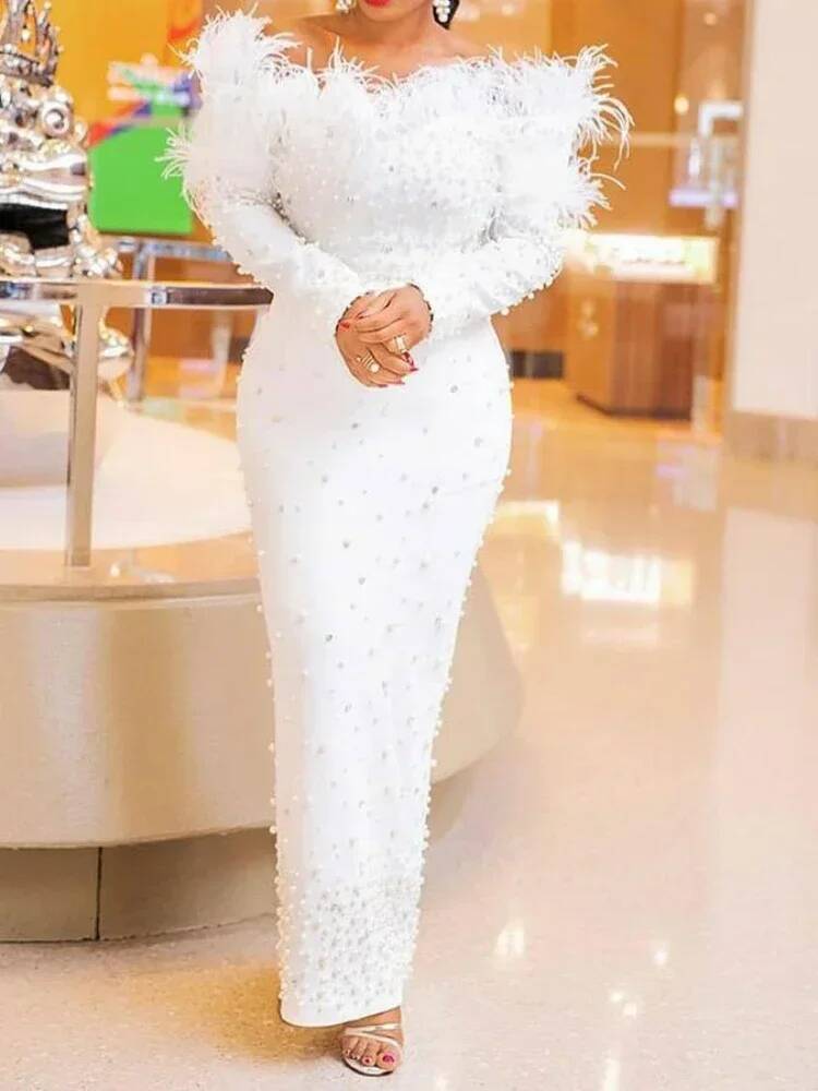 Formal Wear Gowns For Women - ชุดเดรสสีขาวประดับขนนกสำหรับงานปาร์ตี้ ผู้หญิง แต่งมุก ชุดราตรียาว เอวสูง เหมาะสำหรับเต้นรำ