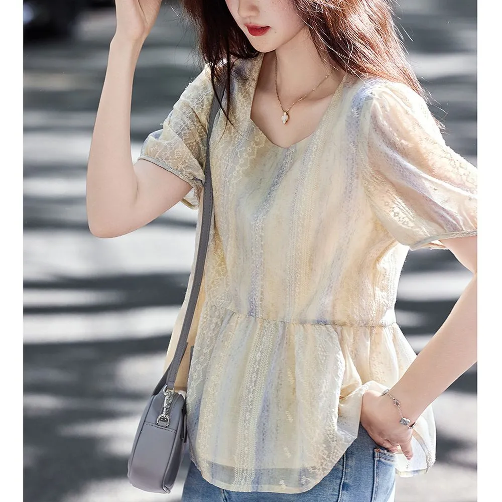 Women Formal Blouses For Evening Wear - เสื้อเบลาส์ลูกไม้แขนพองสไตล์เกาหลีสำหรับผู้หญิง เสื้อพูลโอเวอร์สั้นพิมพ์ลายดอกไม้สำหรับฤดูร้อน ชุดทำงานสำหรับสุภาพสตรี