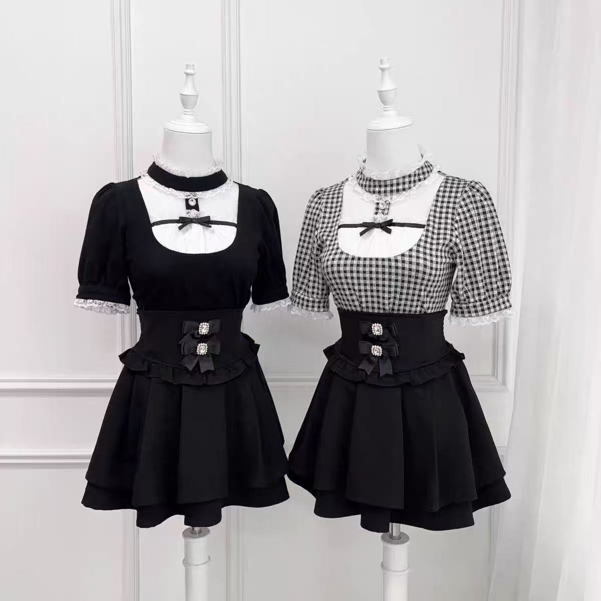 Women Formal Blouses For Evening Wear - เสื้อโลลิต้าสไตล์ญี่ปุ่นสำหรับผู้หญิง น่ารัก สไตล์ฮาราจูกุ แต่งโบว์ ลูกไม้ ผ้าต่อกัน
