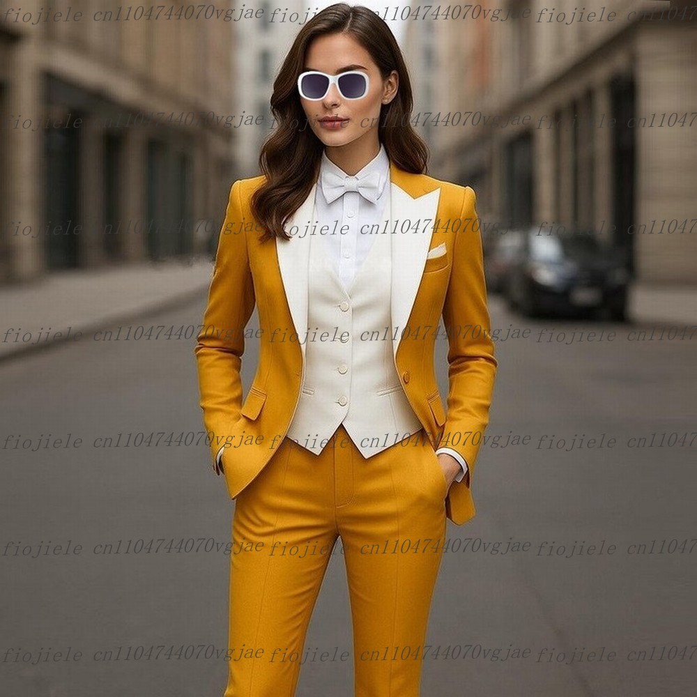 Blazer Set Women Formal - ชุดสูทสตรีสีเหลืองขาวสำหรับงานทางการ งานแต่งงาน งานพรอม ชุดทักซิโด้สำหรับคุณแม่และเด็กผู้หญิง ชุด 3