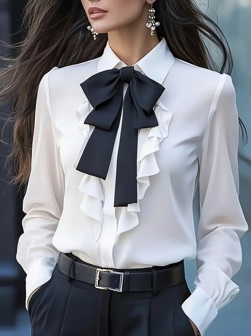 Women Formal Blouses For Evening Wear - เสื้อเบลาส์แขนยาวประดับโบว์ผูกคอ ดีไซน์ระบาย สำหรับผู้หญิง สวมใส่ทำงาน ปาร์ตี้ หรือโอกาสทางการ