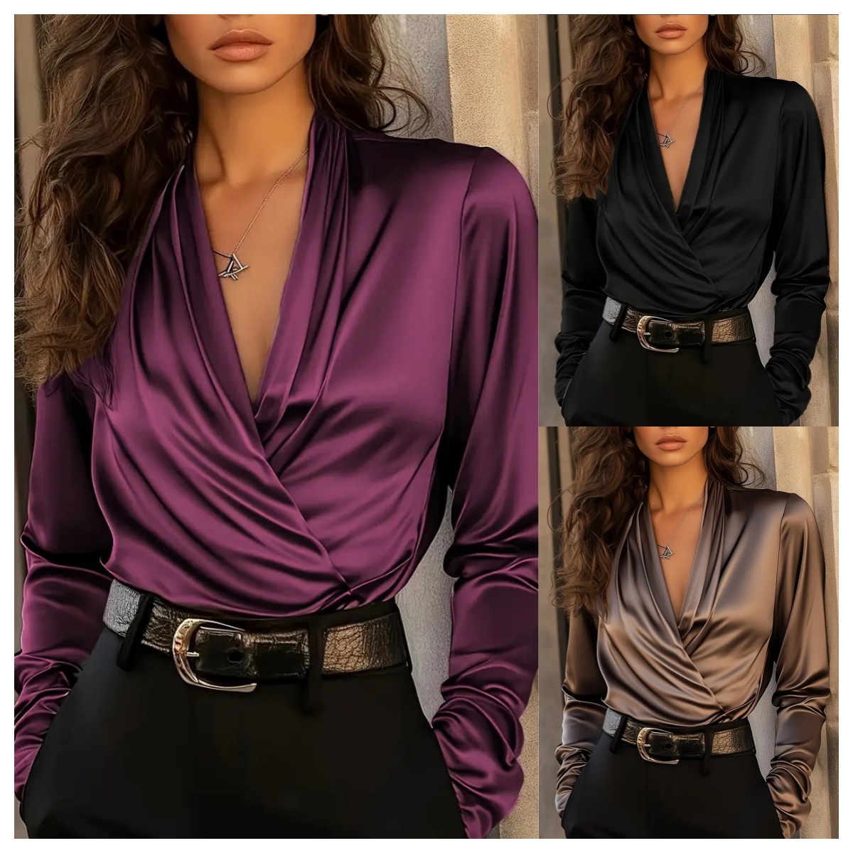 เสื้อผู้หญิงผ้าซาติน คอวี แขนย - Women Formal Blouses For Evening Wear บทวิจารณ์และราคา